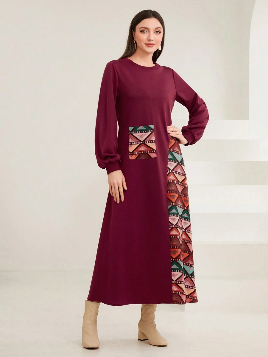 Seusyu 幾何印花補丁貼口袋燈籠袖衛衣洋裝 - 彩色 - 查看 1