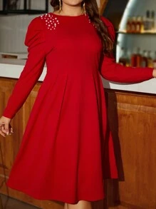 SHEIN Clasi 大碼珍珠串珠羊腿袖褶皺洋裝 - 紅色 - 查看 3