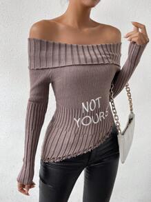 Chiquease Letter Embroidery Foldover Off Shoulder Ripped Asymmetrical Hem Knit Pullover Fall Winter Sweater - Coffee Brown - View 3