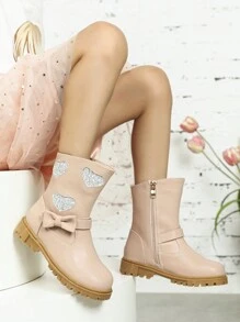 蝴蝶結細節休閒時尚冬天短靴適合女孩 - 粉色 - 查看 1