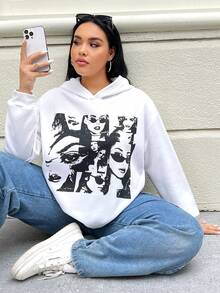 SHEIN EZwear 大码印花落肩卫衣 - 白色 - 查看 6