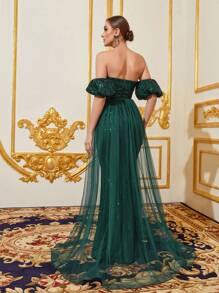 Off Shoulder Puff Sleeve Sequin Mermaid Formal Dress - Dark Green - View 2