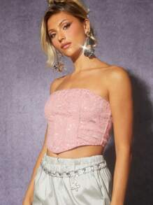 Hauture 蕾絲覆蓋短款無帶背心 - 粉色 - 查看 4