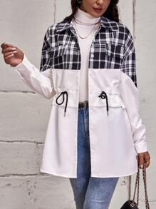 SHEIN LUNE 拼接格紋印花腰部抽繩落肩袖外套 - 黑與白 - 查看 3