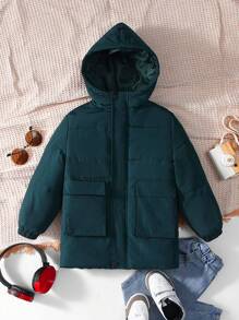 SHEIN 男童单件翻盖口袋拉链连帽棉服外套