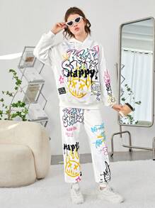 SHEIN Thiếu niên cô gái Đồ họa Hoạt hình Áo Hoodie & Quần thể thao - trắng - Xem 3