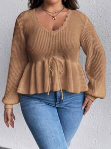 SHEIN Clasi Talla grande Jersey ribete en abanico de manga farol con cordón delantero peplum - Caqui - Ver 6