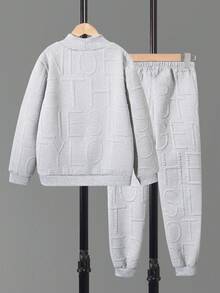 SHEIN Tween Boy Patched Detail Letter Embossed Mock-neck Sweatshirt & Sweatpants - Grey - View 2