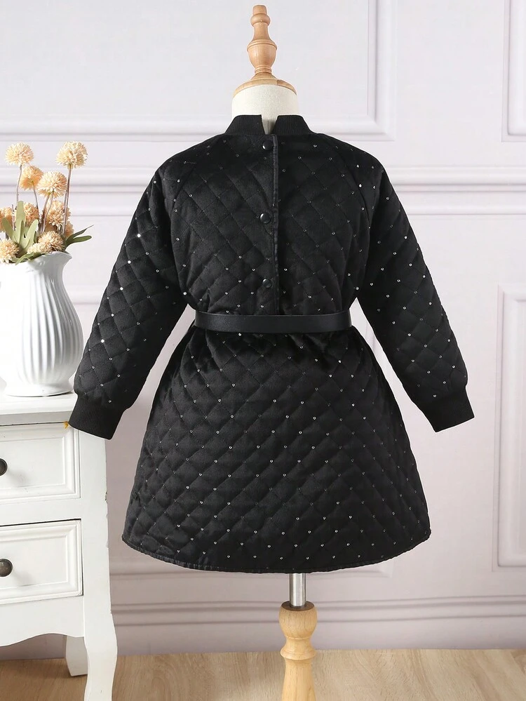 Young Girl Rhinestone Detail Quilted Dress With Belt