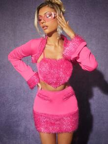 Hauture Fuzzy Heart Top & Jacket & Skirt Two Pieces Set - Hot Pink - View 5