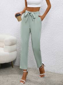 SHEIN Privé Pantalones cónicos unicolor con bolsillo oblicuo con cinturón - Verde - Ver 1