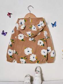 Young Girl Floral Pattern 3D Ear Design Hooded Jacket - Khaki - View 2