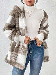 SHEIN LUNE 大方格圖案腰部抽繩連帽絨毛外套