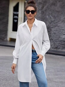 BizChic Drop Shoulder Button Front Shirt Without Belt - White - View 5