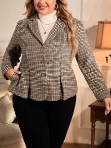 SHEIN Clasi Plus Houndstooth Fold Pleated Hem Blazer - Black and White - View 1