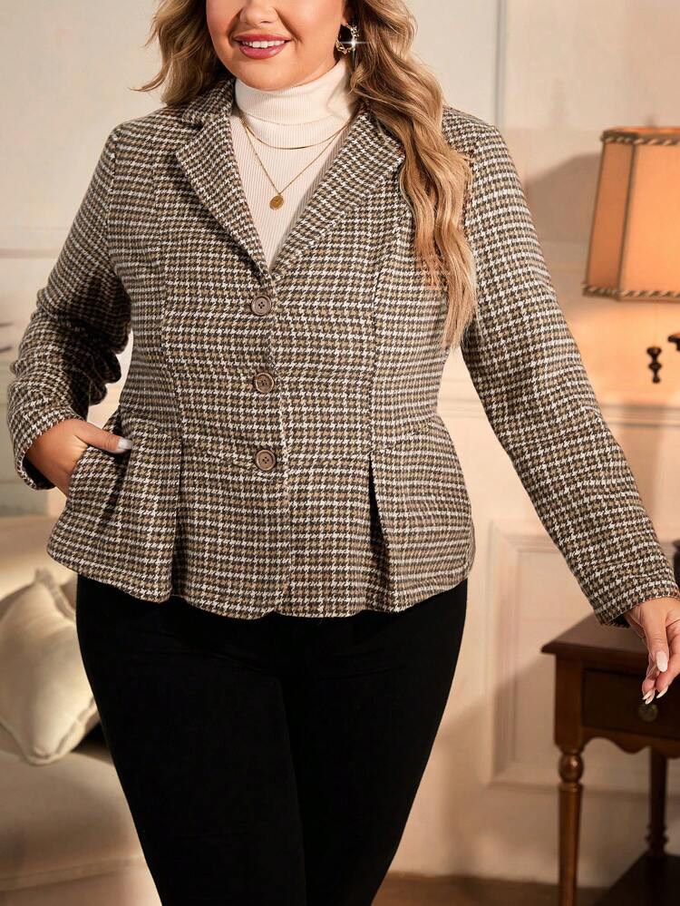 Plus Houndstooth Fold Pleated Hem Blazer