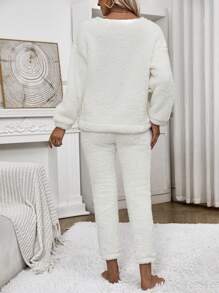 SHEIN LUNE 素色落肩袖絨毛衛衣和褲子 - 白色 - 查看 2