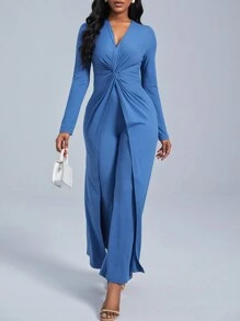 SHEIN Clasi 前扭結長款T恤和褲子 - 霧霾藍 - 查看 4