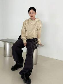 DAZY Women's Solid Color Drawstring Hoodie - Khaki - View 8