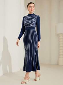 Modelyn Argyle Pattern Mock Neck Mermaid Hem Sweater Dress Without Belt Fall Cloth For Women - Blue and White - View 3