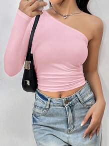 SHEIN Unity Top Corto Con Un Hombro Fruncido Y Lateral, Top Para Salir - Rosa - Ver 7