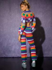 Hauture Geo Striped Crop Sweater & Pants Set - Multicolor - View 2