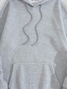 SHEIN EZwear Khẩu hiệu & Hình ảnh Túi kangaroo Dây rút Áo hoodie ấm áp - Màu Xám nhạt - Xem 7