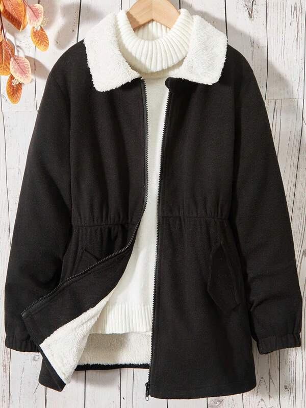 SHEIN Manteau en laine à manches longues avec col châle et blocs de couleur pour filles préadolescentes