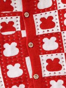 SHEIN Young Girl Cartoon Pattern Striped Trim Cardigan - Red - View 6