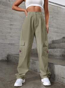 RueChic Flap Pocket Side Letter Embroidery Cargo Jeans - Khaki - View 5