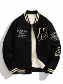 Men's Long Sleeve Fashionable Casual Warm Thermal Lined Letter Embroidered Jacket, For Fall Winter - Black - View 1