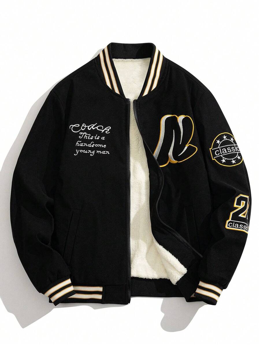 Men's Long Sleeve Fashionable Casual Warm Thermal Lined Letter Embroidered Jacket, For Fall Winter - Black - View 1