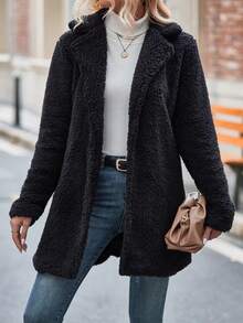 SHEIN Clasi Lapel Neck Belted Teddy Coat - Black - View 4