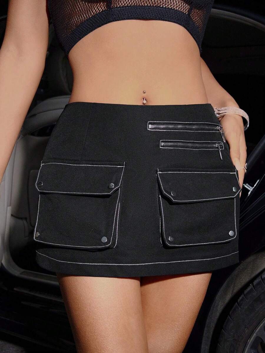 SHEIN ICON Flap Pocket Zip Detail Mini Skirt - Black - View 1