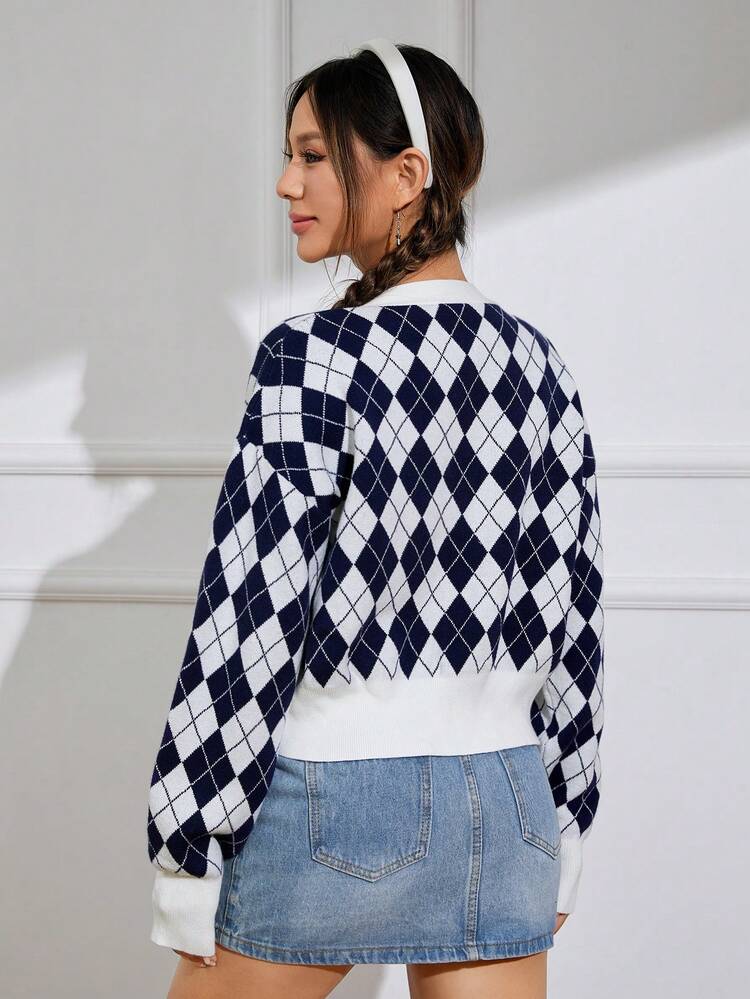 Argyle Pattern Drop Shoulder Cardigan