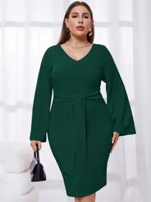 SHEIN Privé Hơn Tay áo kèn  Nút phía trước Váy bodycon - Màu xanh lá cây đậm - Xem 4