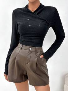 SHEIN Privé Camiseta unicolor de cuello V - Negro - Ver 4