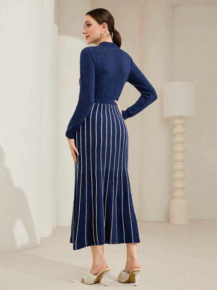 Argyle Pattern Mock Neck Mermaid Hem Sweater Dress Without Belt Fall Cloth For Women