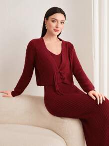 Modelyn Burgundy Red Solid Bodycon Sweater Dress & Cardigan - Burgundy - View 6