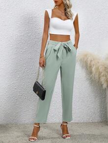 SHEIN Privé Pantalones cónicos unicolor con bolsillo oblicuo con cinturón - Verde - Ver 3