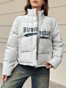 SHEIN EZwear Letter Graphic Zip Up Padded Coat - Apricot - View 3