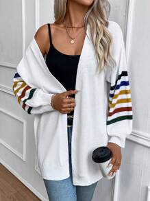 SHEIN Essnce 條紋圖案落肩袖開襟開衫 - 白色 - 查看 4