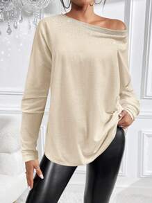 Allurite 水鑽細節船領蝙蝠袖T恤 - 卡其色 - 查看 3