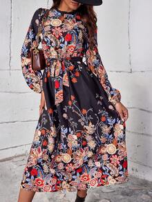 SHEIN LUNE 印花燈籠袖繫腰帶洋裝 - 彩色 - 查看 6