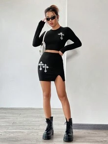 SHEIN ICON Women's Criss-cross Rhinestone Decor Cropped Top And Skirt Two Piece Set - Black - View 7