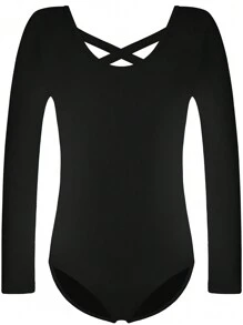 女童芭蕾舞紧身衣，后背交叉设计，长袖，前部全衬里，适合小女孩舞蹈练习 - 黑色 - 查看 2