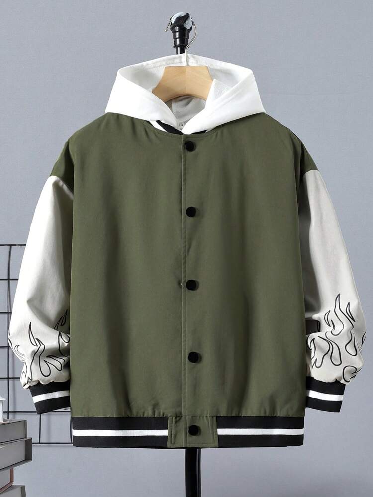 Boys' Casual Patchwork Sleeve Baseball Collar Front Zipper Lightweight Knit Jacket With Letter Print, For Big Kids