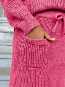 SHEIN Tween Girl Pocket Patched Drop Shoulder Sweater & Knit Skirt - Hot Pink - View 3