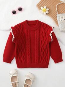 SHEIN 女小童拼接荷葉邊麻花編織套頭毛衣 - 紅色 - 查看 1