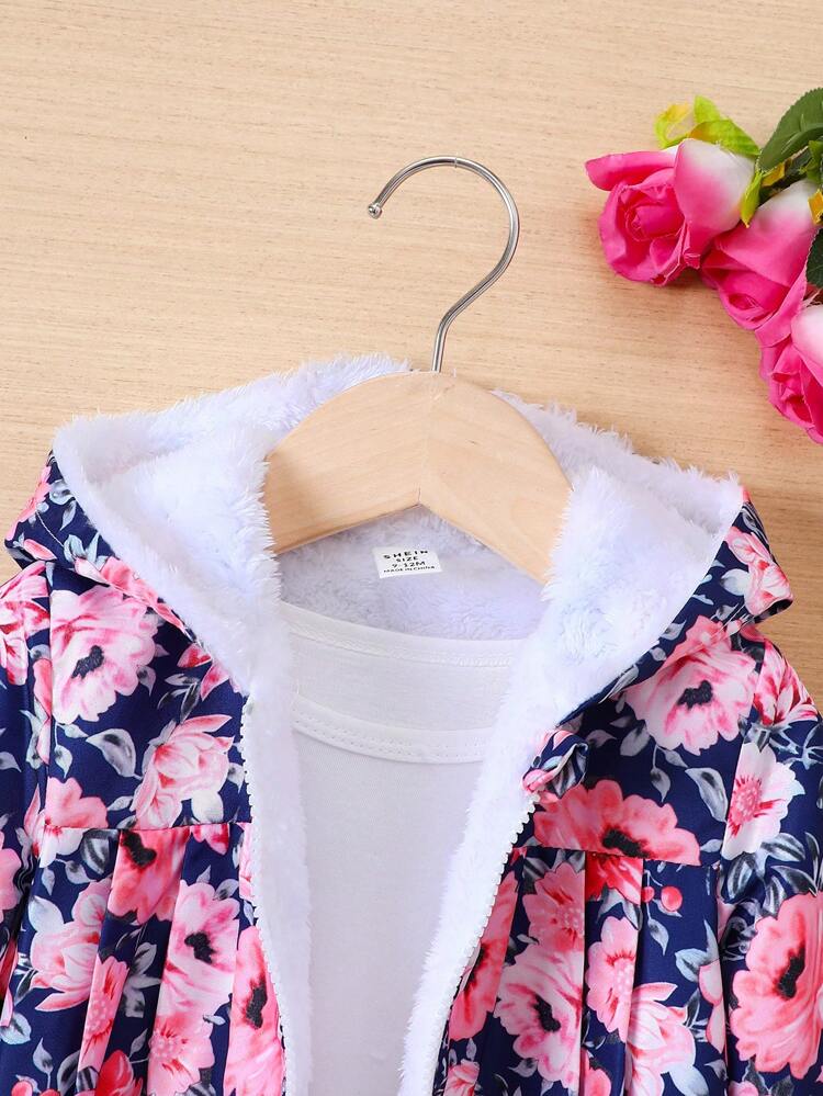 Baby Girl Floral Print Zip Up Thermal Lined Hooded Jacket